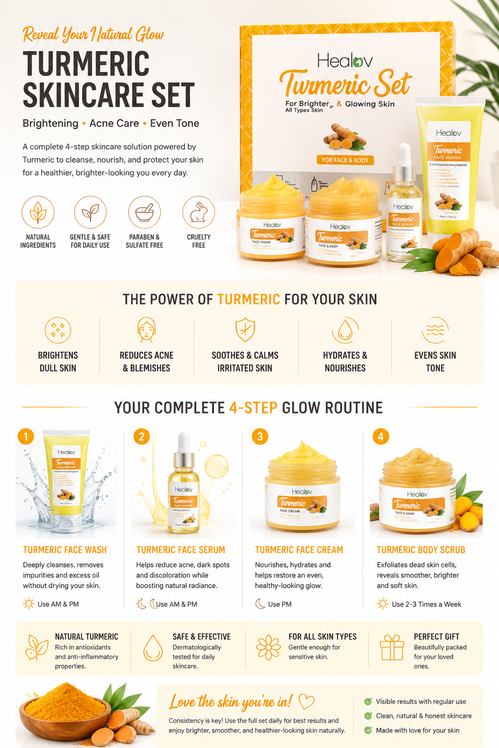 Turmeric Skincare Set - Turmeric Skin Care Products Brightening & Acne - Turmeric Skin Care Kit Turmeric Skin Care Set - Turmeric Cleanser Body Scrub Face Cream & Facial Serum